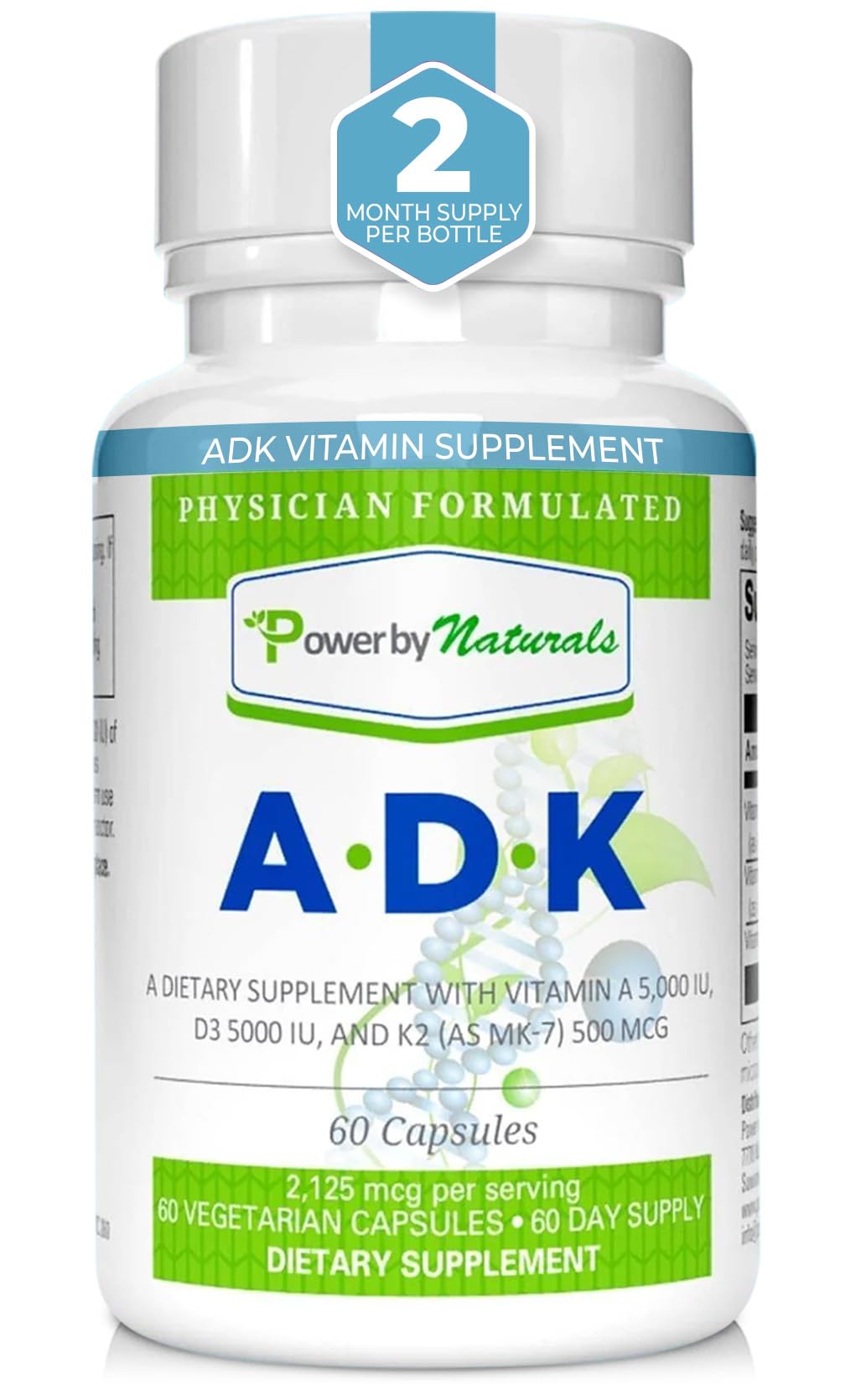 Power By Naturals ADK Vitamin Supplement: Vitamin A, Vitamin D3 5000 iu, and Vitamin K2 MK-7, Support Bone Health Vitamin ADK Supplement, Pure Vitamin D with K & A, 60 Capsules (2 Month Supply)