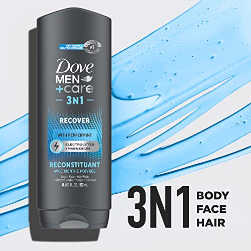 Dove Men+Care Post-Workout 3-IN-1 (Body + Face + Hair Wash) With Peppermint 4 Count Infused with Electrolytes + Magnesium 18 oz