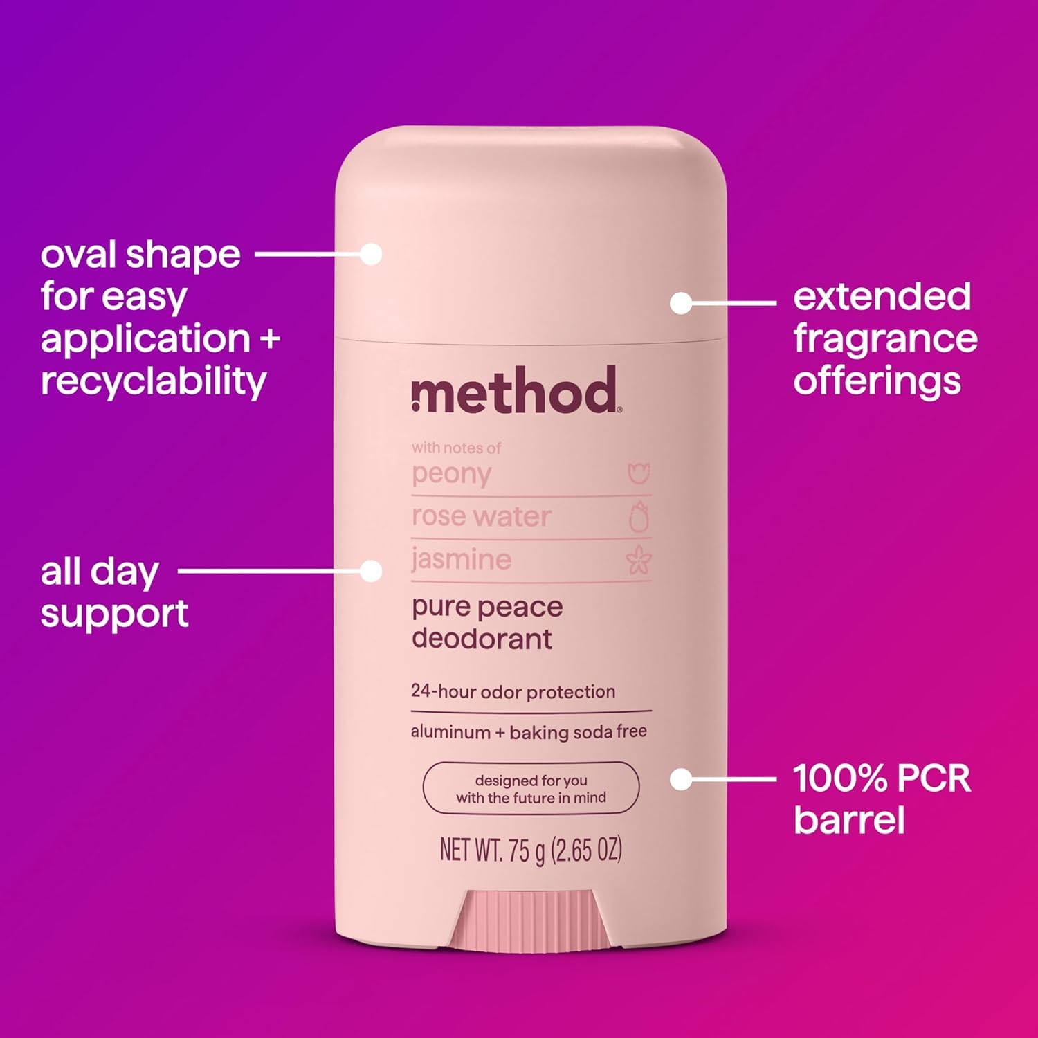 Method Deodorant, Pure Peace, Rose Water, Peonies + Pink Sea Salt notes, 24 Hour Odor Protection, 2.65 oz