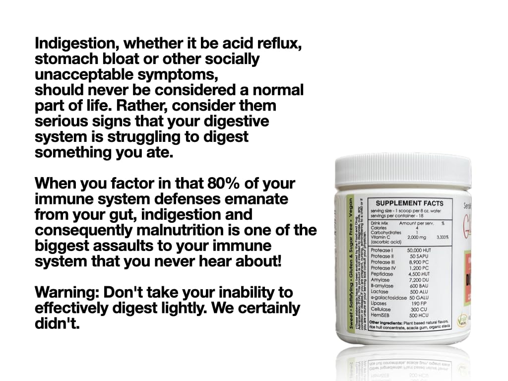 Sufficient C - Glutenizer Force Plus Kiwi-Strawberry Digestive-Ade Drink Mix - Premium, Full Spectrum Vegan enzymes Plus 2,000 mg. Gut Healing Vitamin C - Acid Indigestion & Stomach Bloat Solution