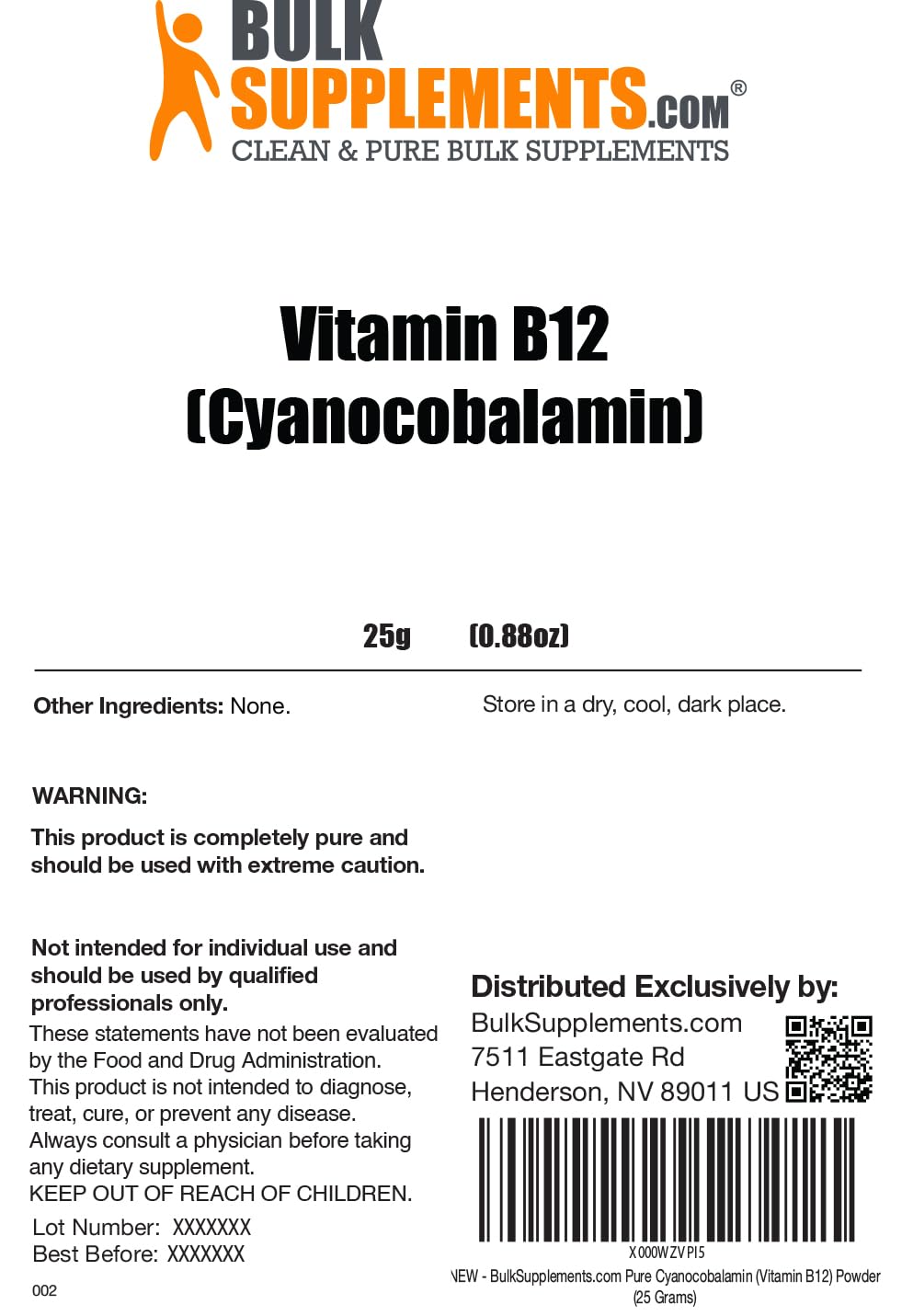 BulkSupplements.com Pure Vitamin B12 Powder - as Cyanocobalamin, Vitamin B Supplements, Cyanocobalamin B12 Supplement - Pure Product, Multiple Servings, 25g (0.88 oz) (Pack of 1)