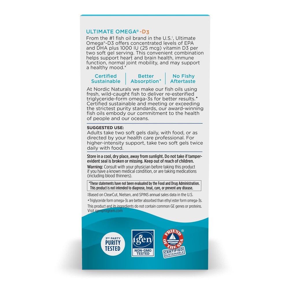 Nordic Naturals Ultimate Omega-D3, Lemon Flavor - 120 Soft Gels - 1280 mg Omega-3 + 1000 IU Vitamin D3 - Omega-3 Fish Oil - EPA & DHA - Promotes Brain, Heart, Joint, & Immune Health - 60 Servings