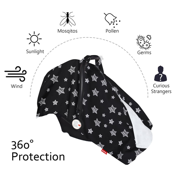 Baby Car Seat Cover for Babies, Opening Black Star Minky Carseat Canopy for Boys Girls, Multiuse Cover for Infant Carseat/Baby Carrier/Stroller/Nursing Breastfeeding/Newborn Shower Gift