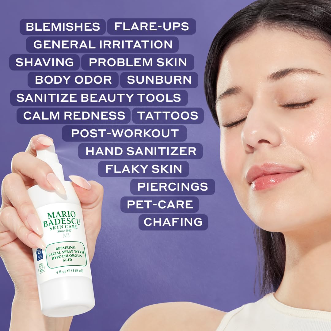 Mario Badescu Repairing HOCl Facial Spray with Hypochlorous Acid – Soothes & Calms Angry, Irritated Skin, Reduce Redness & Flare-Ups – pH Balancing, Non-Irritating Cleanser, Fragrance-Free, 4 Fl Oz