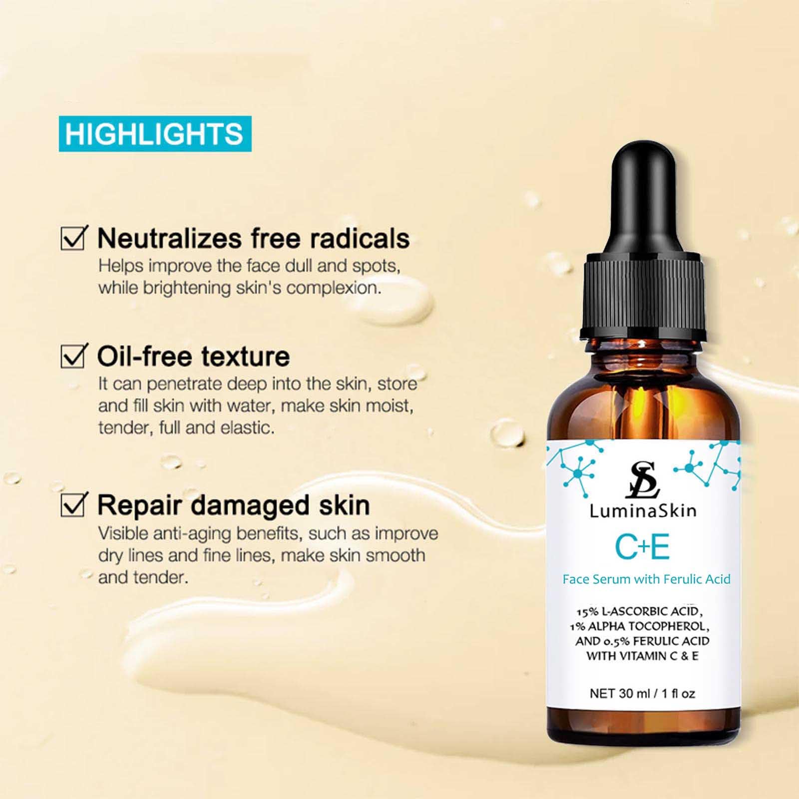 LuminaSkin Vitamin C Face Serum Vitamin CE Serum with Ferulic Acid for Women Vitamin E and Ferulic Serum Skin Care - Vitamin C Serum for Face - Dark Spot Corrector, Anti Aging Face Care 1 Oz