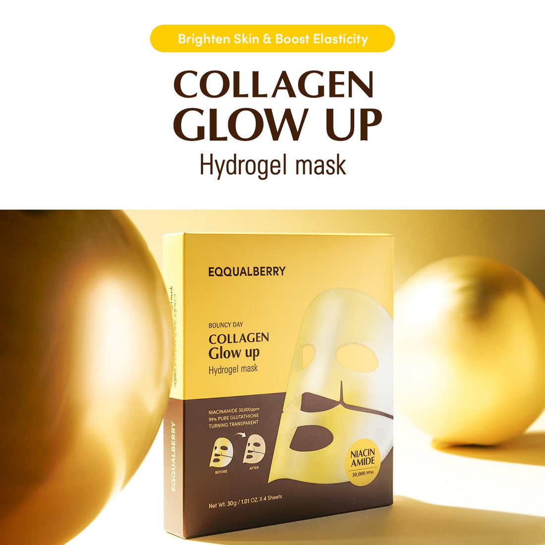 EQQUALBERRY Collagen Glow Up Mask - Niacinamide & Low Molecular Collagen for Brightening and Radiance Boosting | Korean Collagen Face Mask for Glass Skin, 4 Sheets, 1.01 OZ.