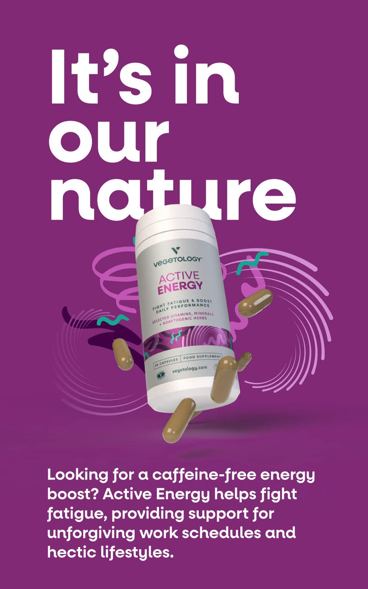 VEGETOLOGY Active Energy Supplements – Fatigue-Fighting C & B Vitamin Supplements – Vitamin Supplement w/Folate, Iron & Adaptogenic Herbs – Caffeine-Free Multivitamin Capsules (60 Counts)
