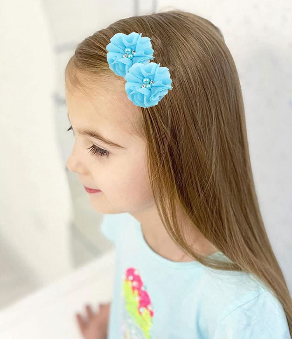 inSowni 2 Alligator Hair Clips Barrettes Chiffon Flower Bow with Rhinestone Pearl for Baby Girl Toddlers
