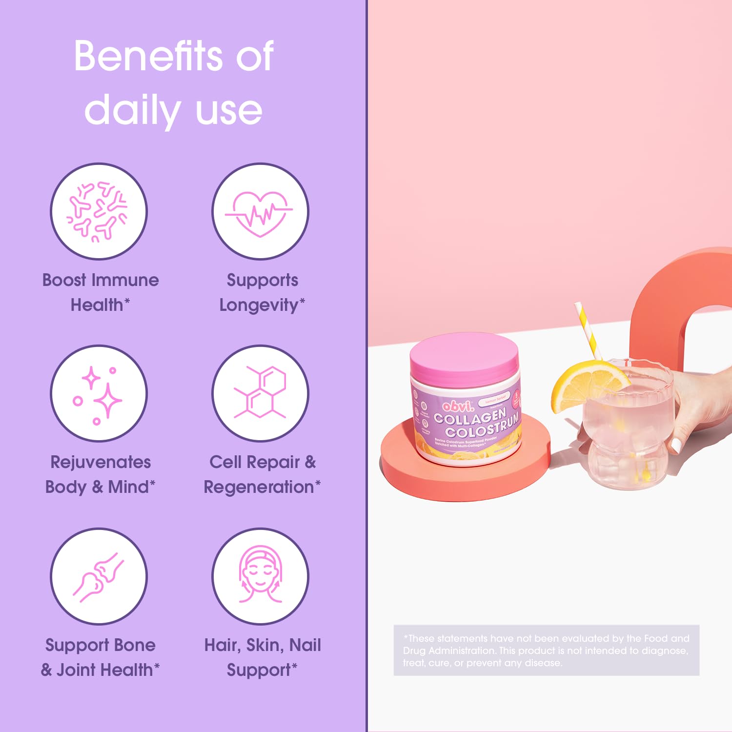 Obvi Collagen Peptide Colostrum Powder | Multi-Collagen Peptides with Grass-Fed Bovine Colostrum | Supports Gut Health, Immune, Skin & Hair | Gluten-Free, Keto-Friendly | Lemon Sorbet, 30 Servings