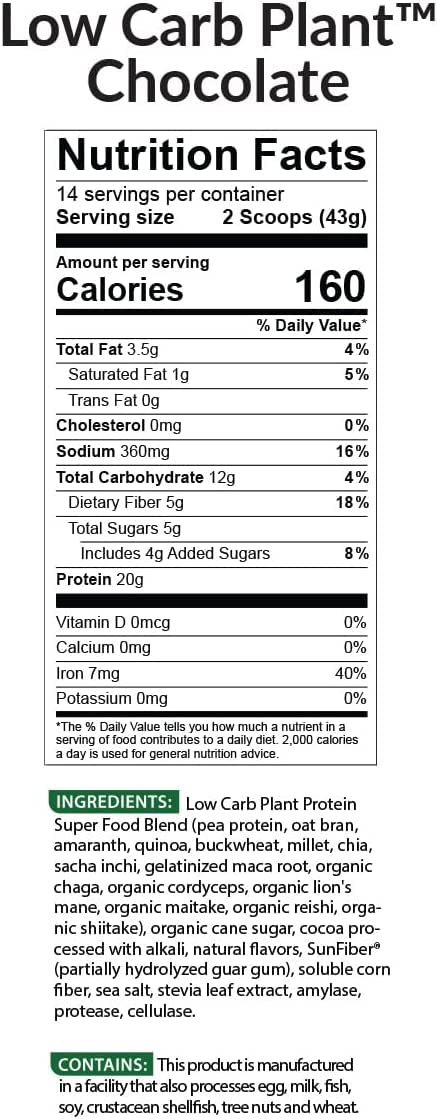 BioTrust Low Carb Plant, Delicious, Creamy, 20 Grams of Clean, Complete, Plant-Based Protein, 5 Grams Fiber, 15 Superfoods, Digestive Enzymes, Vegan, Dairy-Free - 14 Servings (Chocolate)