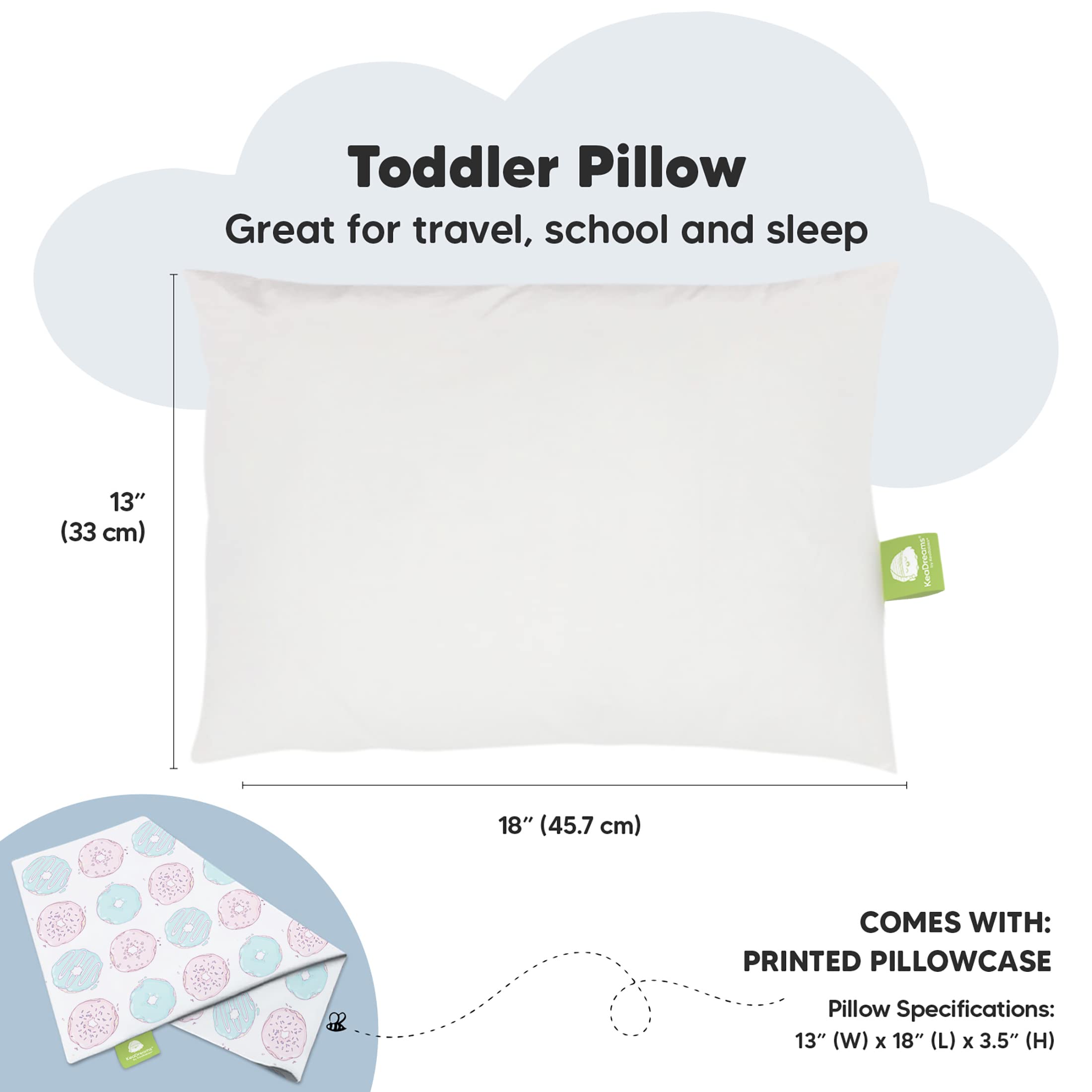 Toddler Pillow with Pillowcase - 13x18 My Little Dreamy Pillow, Organic Cotton Toddler Pillows for Sleeping, Kids Pillow, Travel Pillows, Mini Pillow, Nursery Pillow, Toddler Bed Pillow (Donuts)