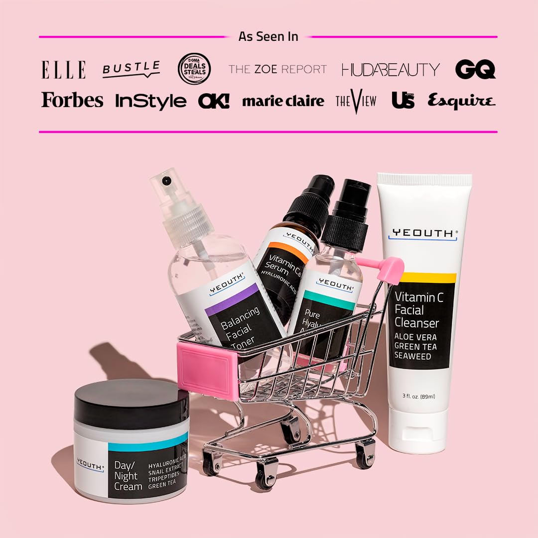 Anti-aging Kit Twenties - YEOUTH 5 Pack Anti aging Beauty Gift Set - Vitamin C Facial Cleanser - Balancing Toner for Face - Vitamin C & E Serum for Skin - Day Night Snail Cream Moisturizer