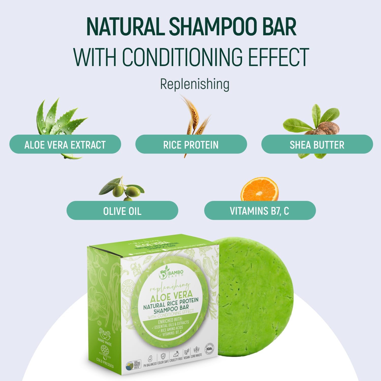 BAMBOEARTH Solid Rice Protein Water Shampoo Bar With Conditioner Effect Hair Soap – Shampoo Bars For Hair With All Natural Plant Based Essential Oils And Zero Waste Packaging (Aloe Vera)