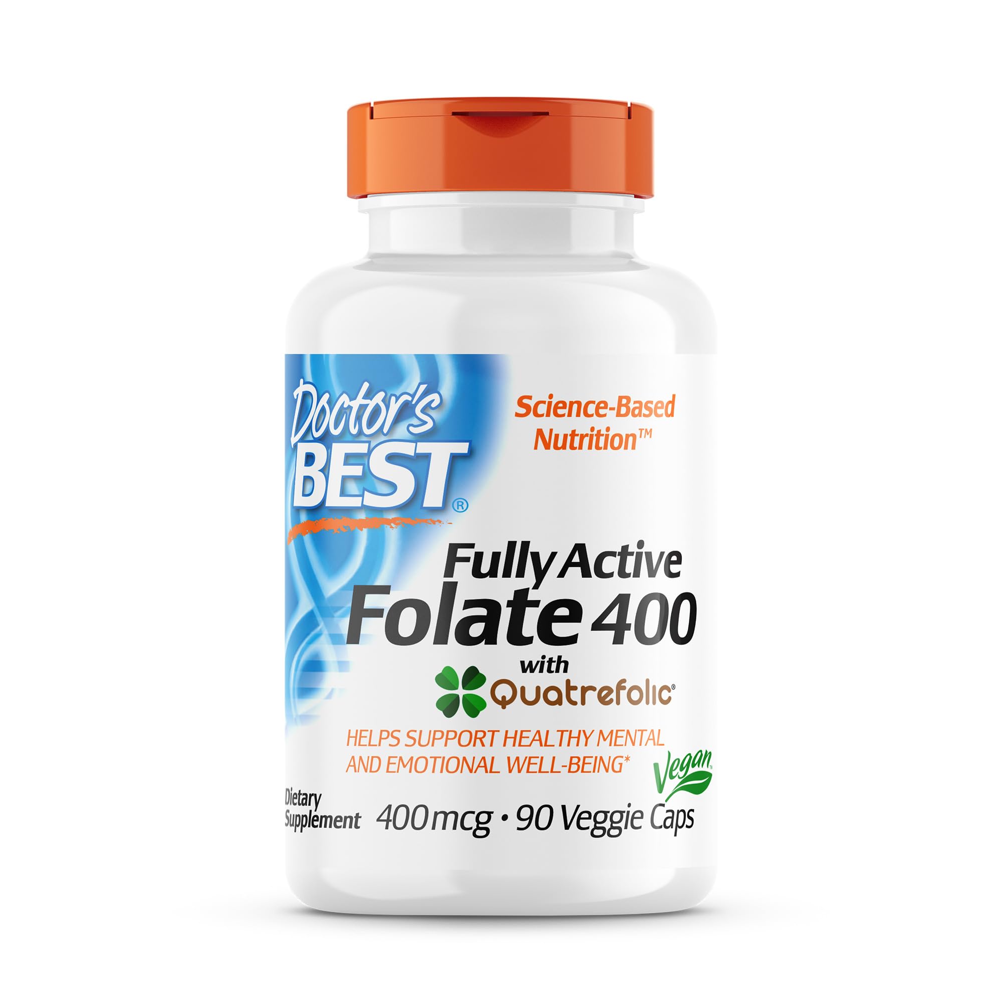 Doctor's Best Fully Active Folate with Quatrefolic NonGMO Vegan Gluten Free 400 mcg Veggie Caps, 90 Count