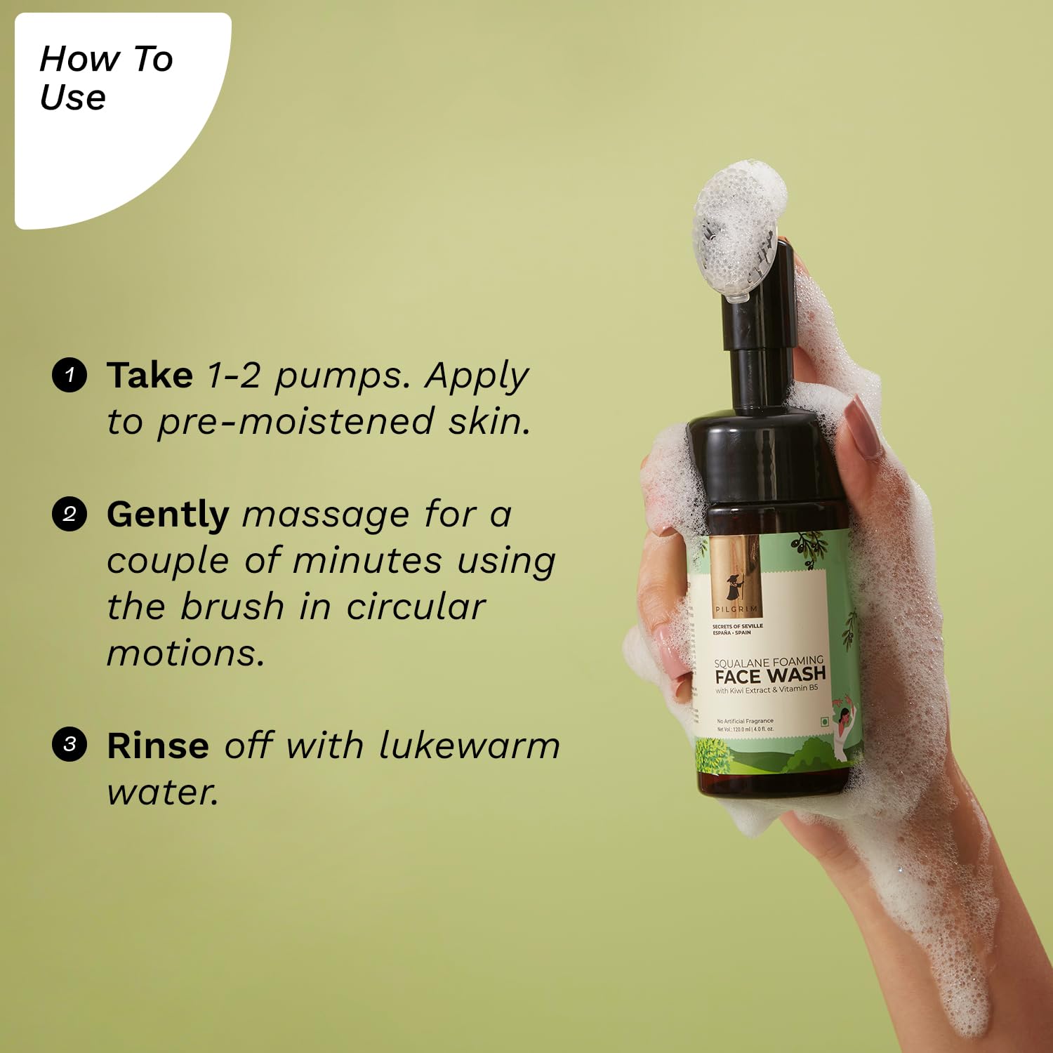 Pilgrim Squalane Foaming Face Wash | Deep Cleansing & Hydrating | Removes Dirt, Oil & Impurities | Enriched with Kiwi Extract & Vitamin B5 | Gentle & Non-Drying | 4.05 Fl Oz (120ml)