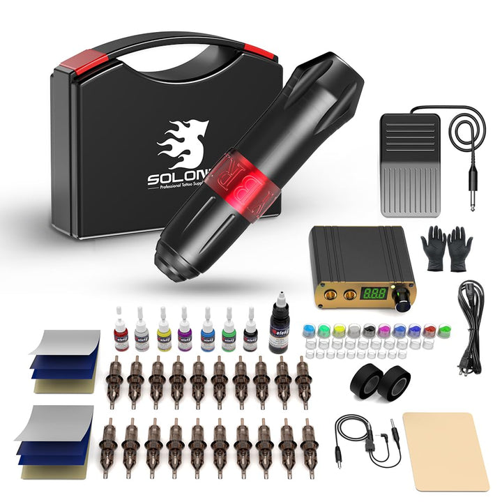 Tattoo Gun Kit,Solong Tattoo Gun Starter Kit with Anti-fatigue Mode Power Supply with 20pcs Different Type Needles Cartridges for Tattoo Artist with Portable Tool Case