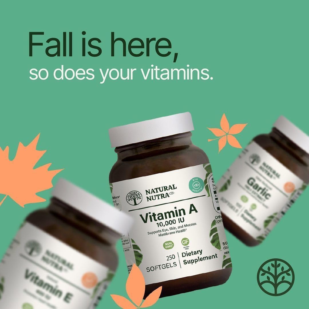 Natural Nutra Vitamin A 10,000 IU Softgels – High Potency Eye and Skin Vitamins – Gluten-Free Vitamin A Supplement for Sight & Skin Health – Fish Liver Oil for Men and Women, Gluten Free 250 Softgels