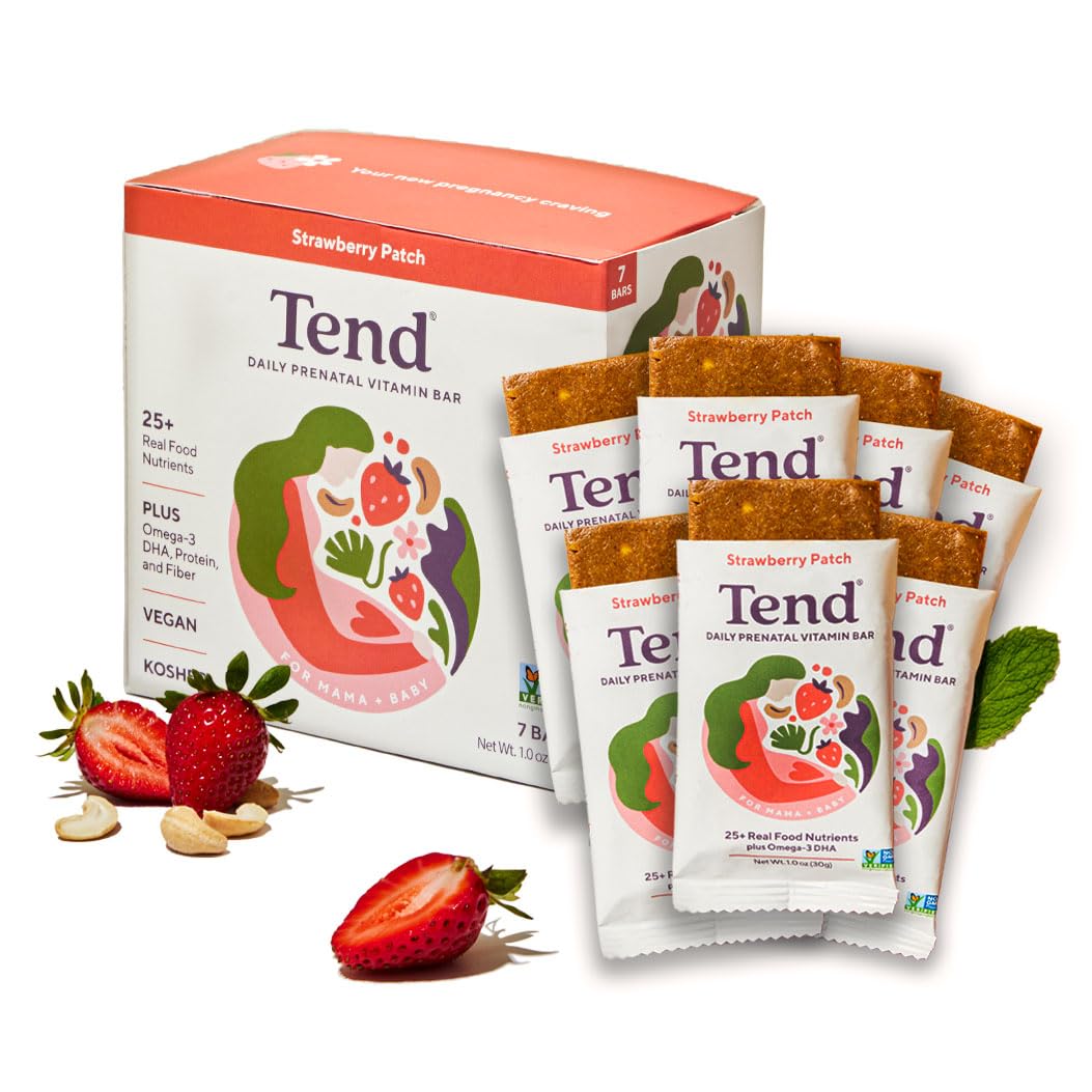 Tend Daily Best Prenatal Vitamin Bar, Made with Organic Ingredients for Pregnant & Postpartum Mothers, Includes DHA, Vitamin D, B, Choline, Folate, Sunflower Lecithin, Strawberry Patch Flavor (7ct)