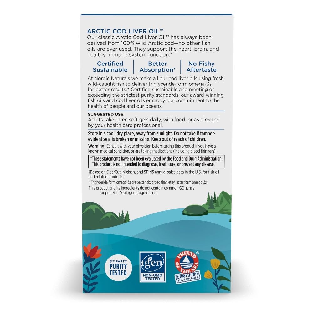 Nordic Naturals Arctic Cod Liver Oil, Lemon - 180 Soft Gels - 750 mg Total Omega-3s with EPA & DHA - Heart & Brain Health, Healthy Immunity, Overall Wellness - Non-GMO - 60 Servings