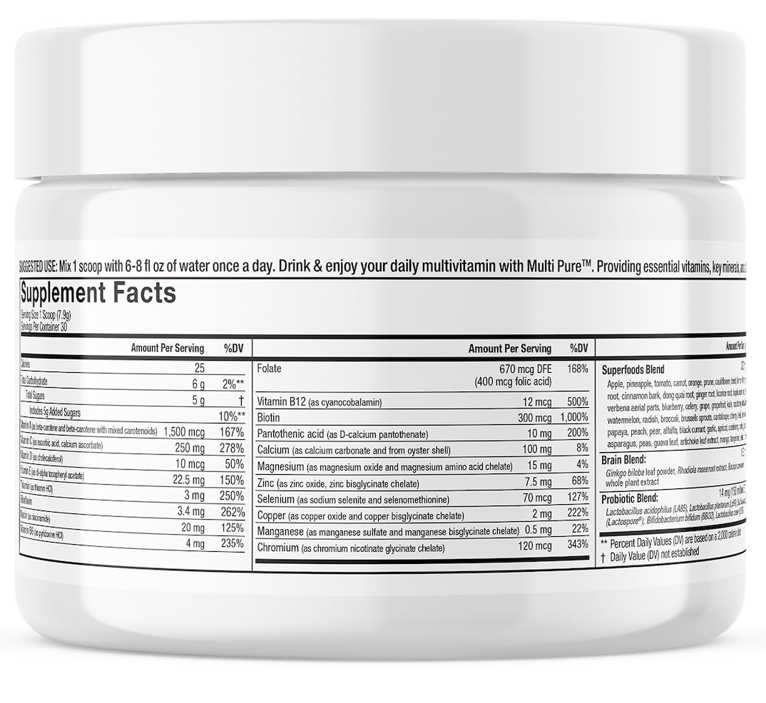 Reclaim Multi Pure Lemon Lime, Immune Support, Vitamin C, Vitamin B Complex, Probiotic, Superfood Powder, Calcium, Magnesium Oxide, (30 Servings) (Lemon Lime)