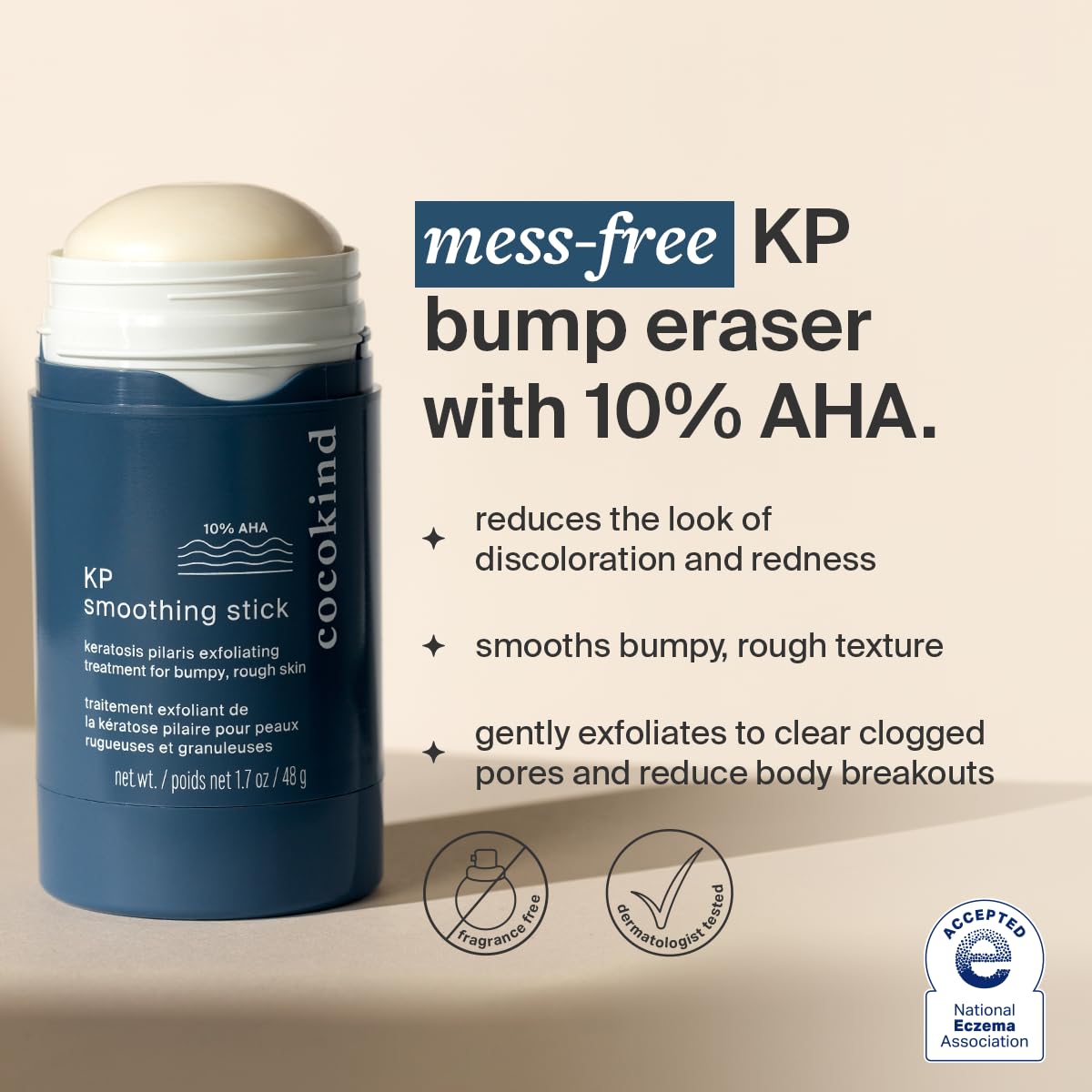 Cocokind KP Smoothing Stick, Mess-Free Keratosis Pilaris Bump Body Scrub, All Skin Types including Sensitive Skin, Fragrance Free, Cruelty Free, Vegan, 1.7 oz