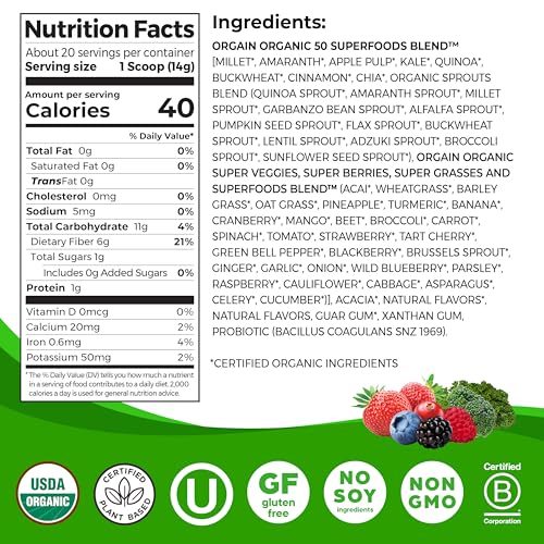 Orgain Organic Greens Powder + 50 Superfoods, Berry - 1 Billion Probiotics for Digestive Health, Antioxidants, Vegan, Plant-Based, Gluten-Free, Non-GMO, Green Juice & Smoothie Drink Mix - 0.62lb