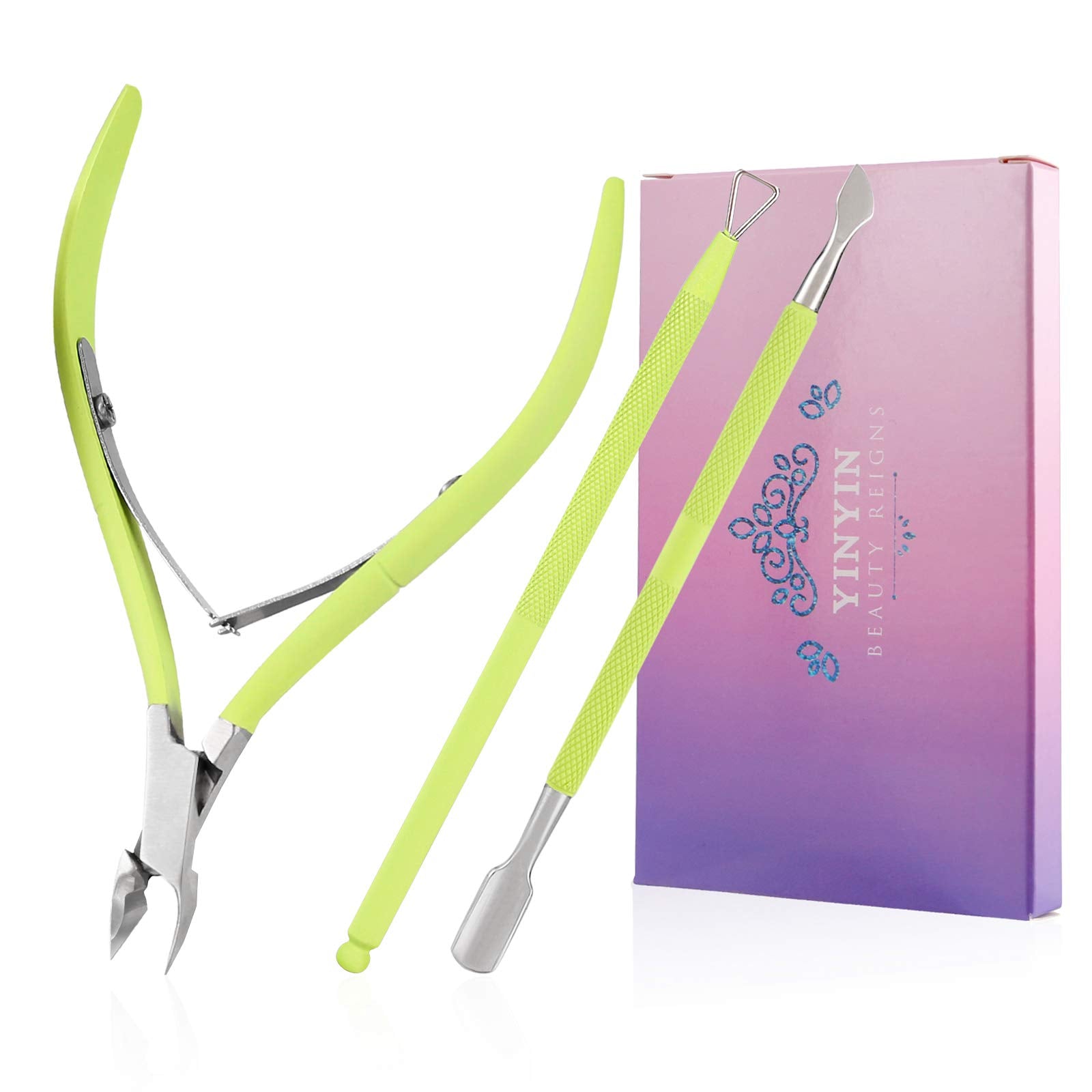 Cuticle Trimmer with Cuticle Pusher and Cutter-YINYIN Cuticle Cutter Cuticle Nipper Professional Stainless Steel Cuticle Clippers Durable Pedicure Manicure Tools for Fingernails and Toenails (Green)