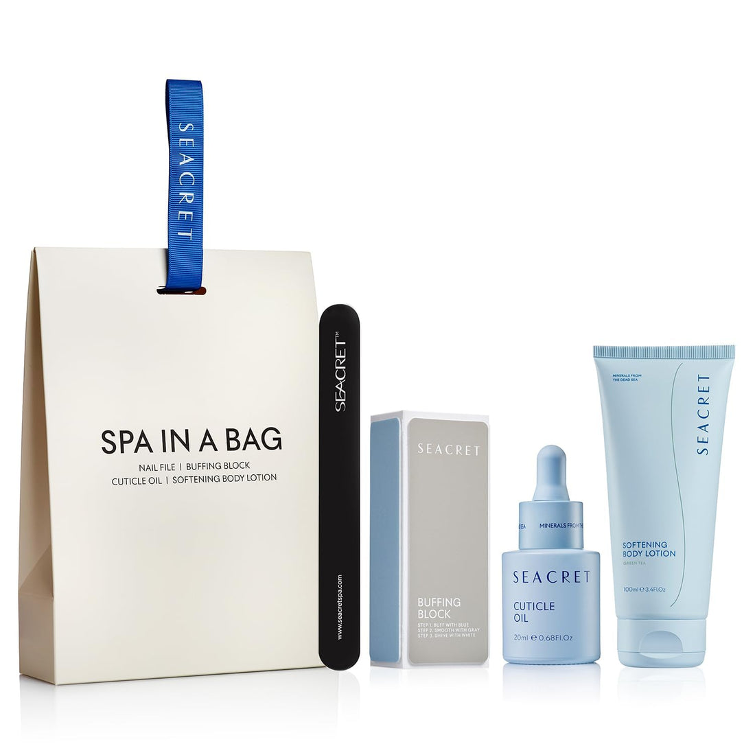 SEACRET NAIL CARE COLLECTION: Dead Sea Mineral Fingernail & Toenail DIY Salon Manicure Treatment Set with File, 3-Way Buffer Block for Shine, 1 Oz Cuticle Oil, & 6.8 Oz Body Lotion Kit, All Skin Types