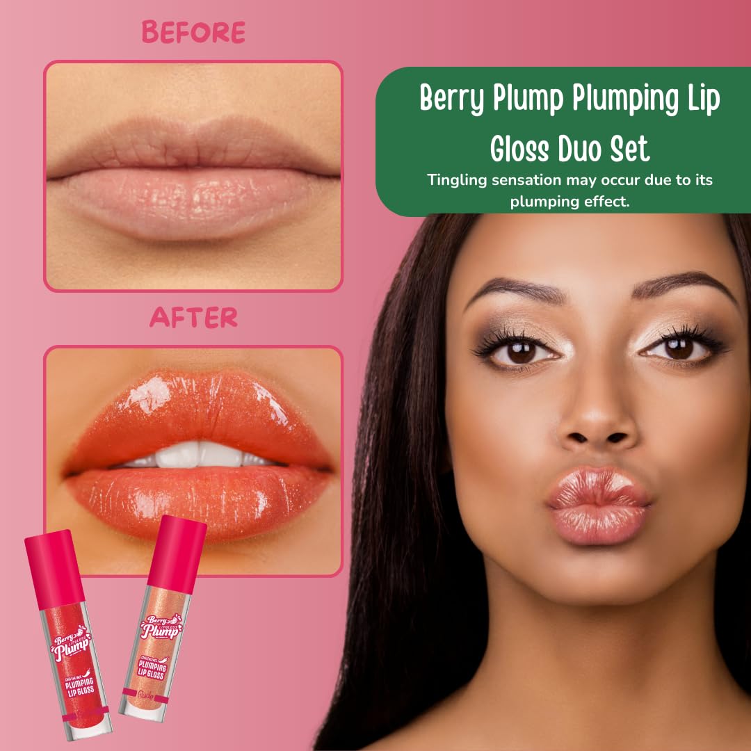 RUDE Cosmetics Berry Plump Lip Plumper Set, Plumping Lip Gloss for Women, Hydrating Cute Lipgloss Plump with Hyaluronic Acid, Shea Butter, Vitamin E & Chili Extract, Vegan, Fairy & Strawberry