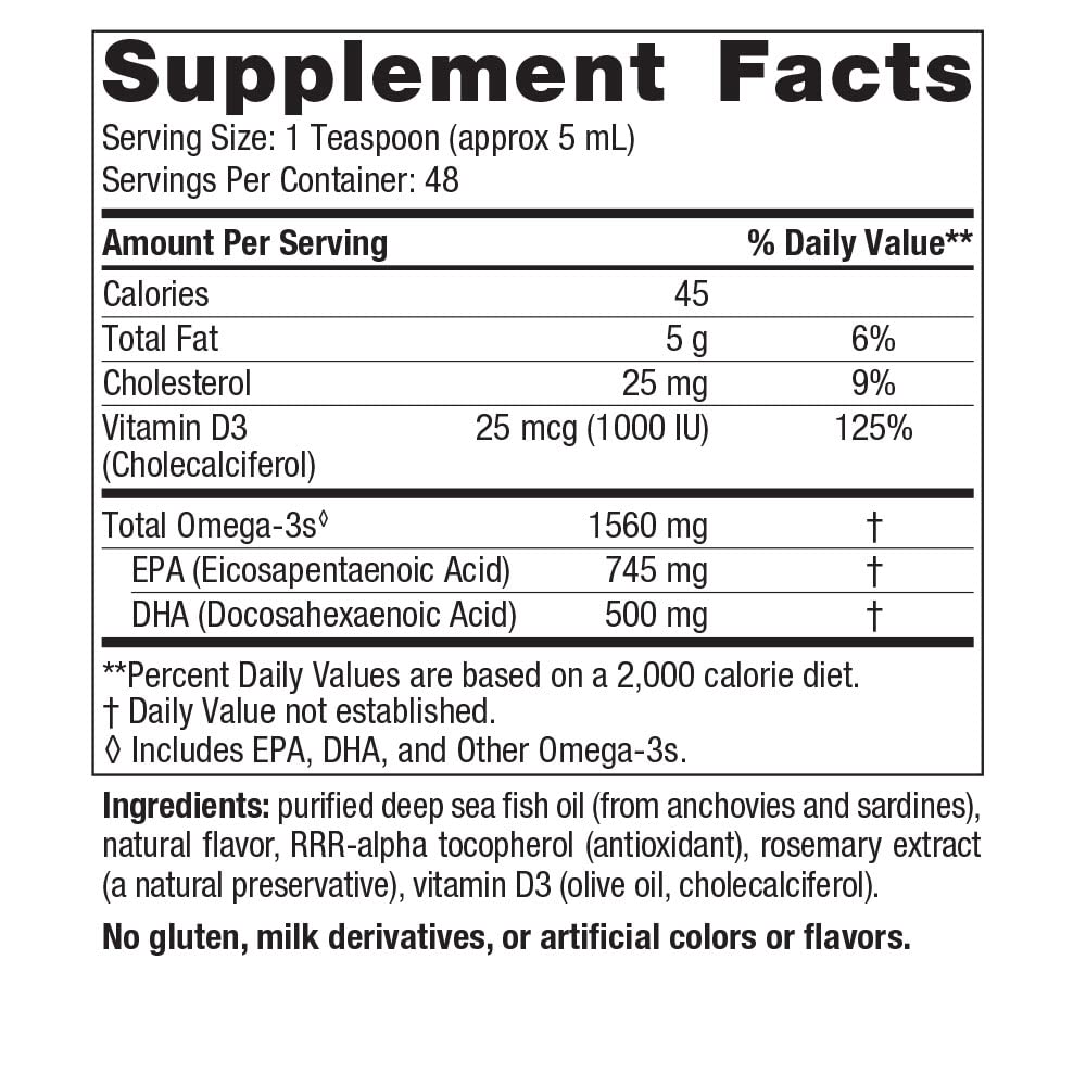 Nordic Naturals Omega-3D, Lemon Flavor - 8 oz - 1560 mg Omega-3 + 1000 IU Vitamin D3 - Fish Oil - EPA & DHA - Immune Support, Brain & Heart Health, Healthy Bones - Non-GMO - 48 Servings