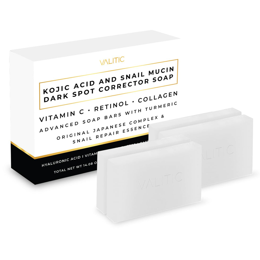 VALITIC Snail Mucin Cleanser Soap Bar with Turmeric and Kojic Acid Dark Spot Corrector – Anti Aging and Purifying Skin Care Snail Secretion for Intense Hydration and Moisturization – 4 Pack