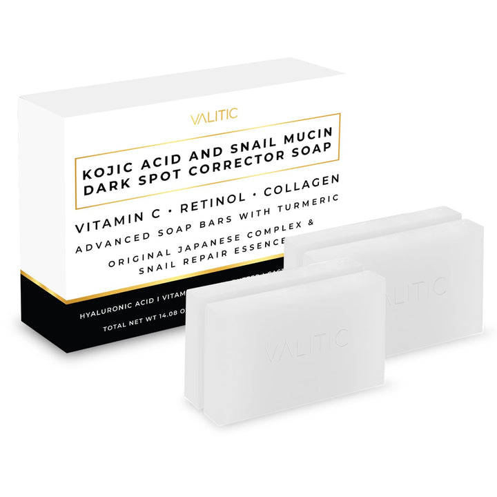 VALITIC Snail Mucin Cleanser Soap Bar with Turmeric and Kojic Acid Dark Spot Corrector – Anti Aging and Purifying Skin Care Snail Secretion for Intense Hydration and Moisturization – 4 Pack