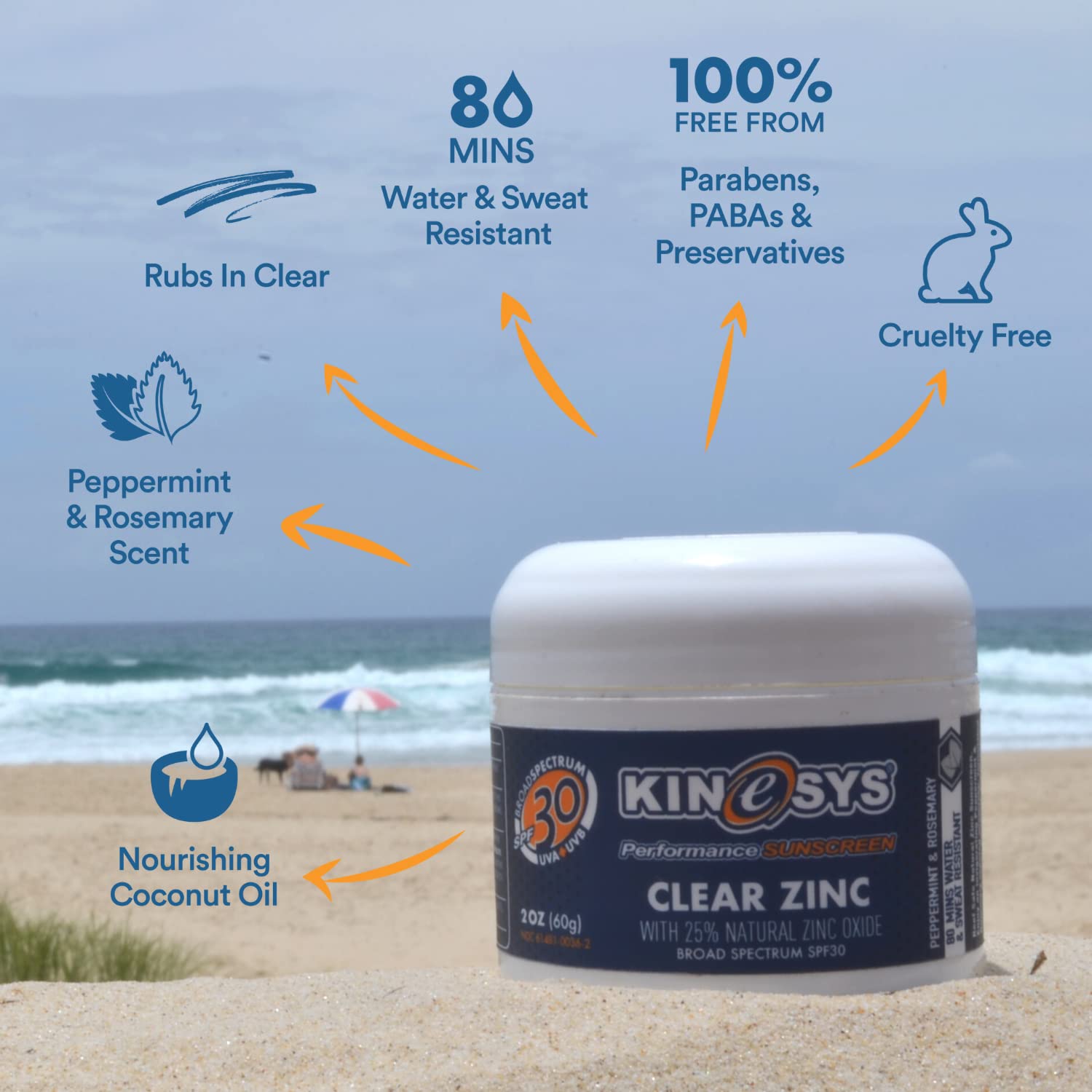 KINeSYS Reef Safe Natural Mineral Zinc Oxide Sunscreen, Rubs in Clear, SPF 30, Broad Spectrum UVA/UVB protection for Face and Body; Alcohol, PABA & Oxybenzone FREE, Peppermint & Rosemary Scent, 2 oz
