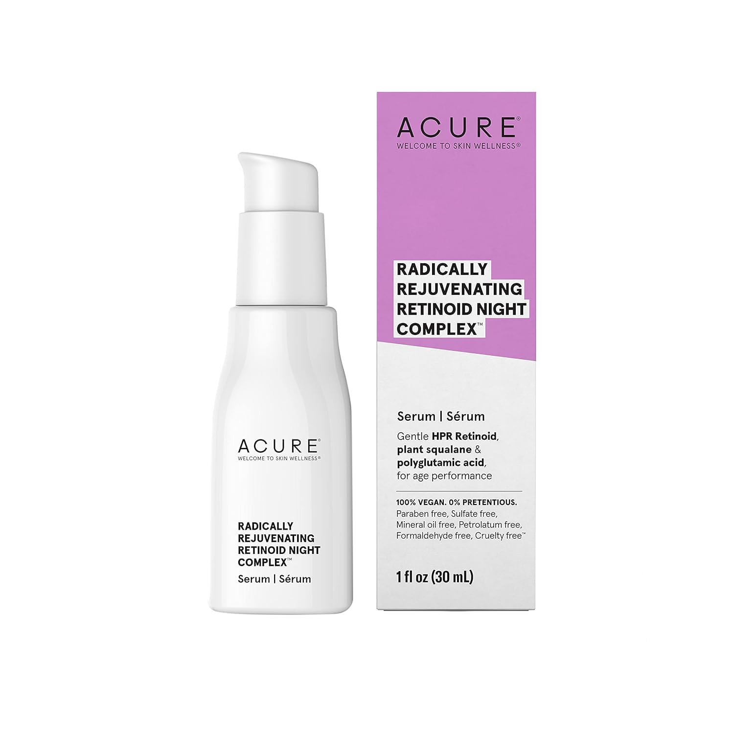 Acure Radically Rejuvenating Retinoid Overnight Complex, 100% Vegan for Age Performance with Polyglutamic Acid & Plant Squalane, Smoothes Complexion & Fights Wrinkles
