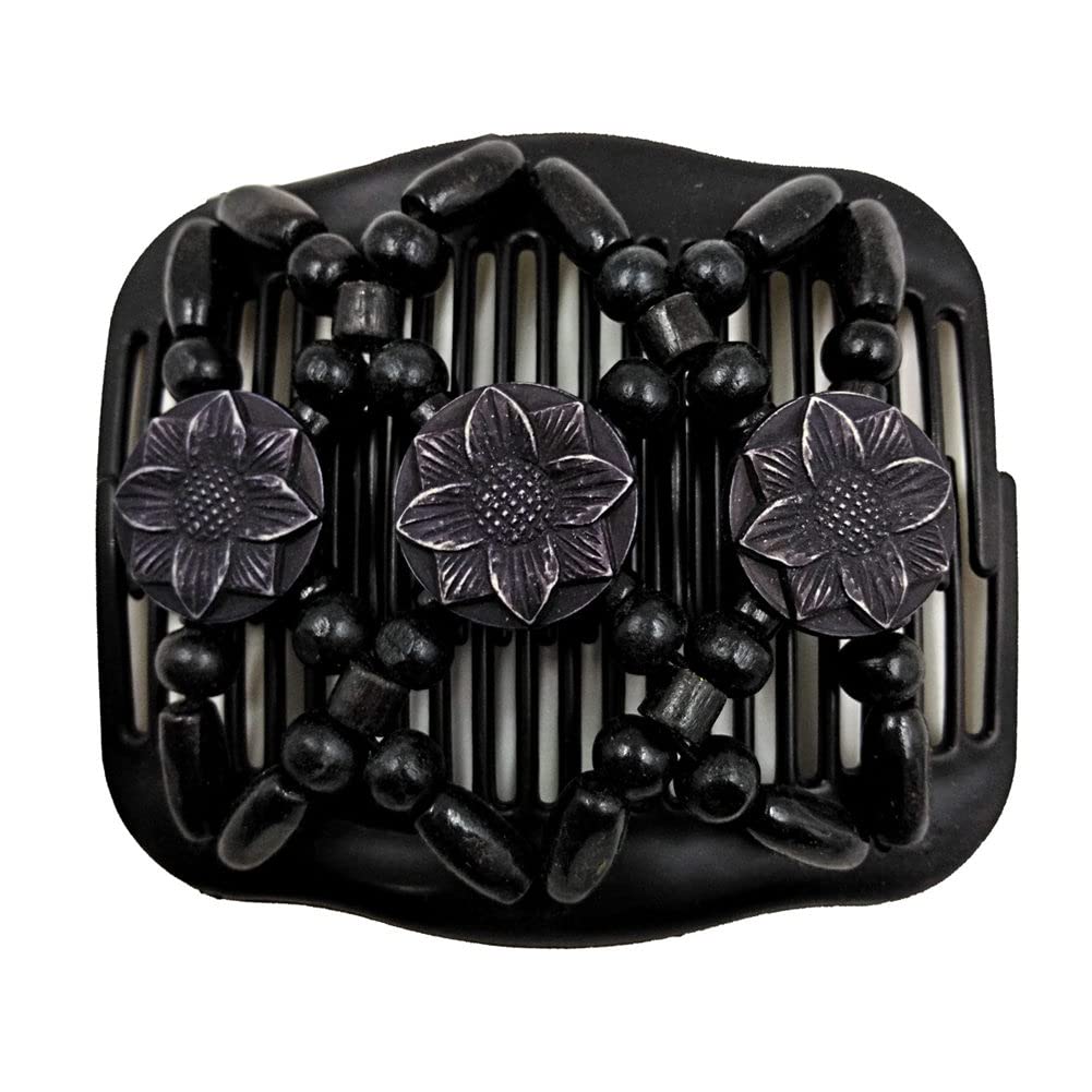Lovef Women Magic Combs Wood Beaded Stretch Double Side Combs Clips Bun Maker Hair Accessories (Round Black)