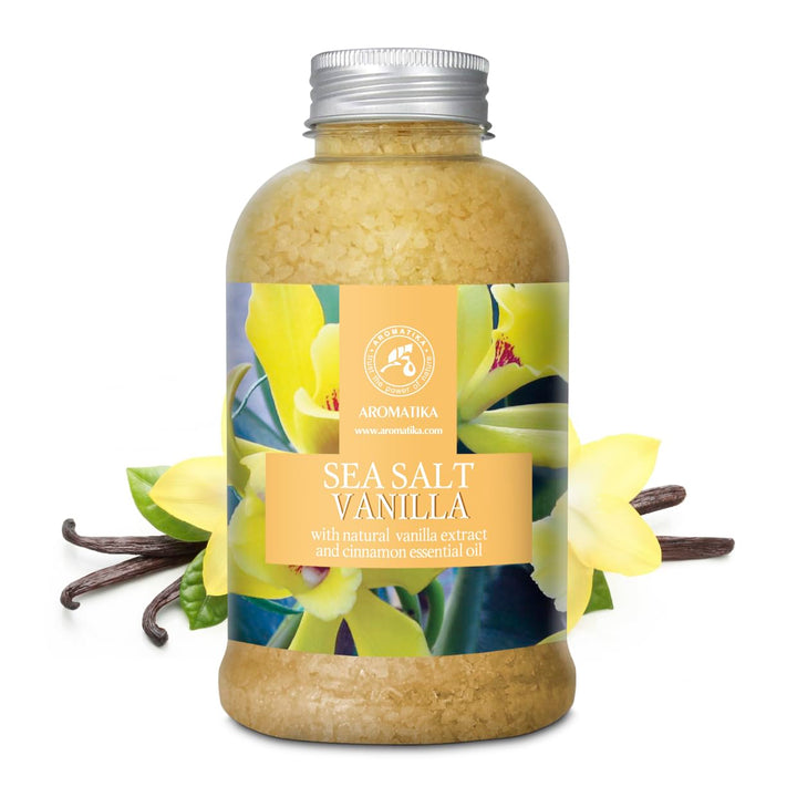 Sea Salt Vanilla 21.16 Oz - w/Vanilla & Cinnamon Essential Oils - Natural Bath Sea Salts - Best for Bath - Good Sleep - Relaxing - Body Care - Beauty