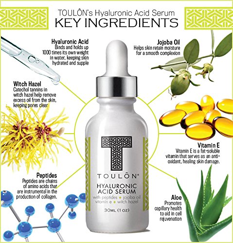 TOULON Natural and Organic Hyaluronic Acid Serum for Face with Peptides, Jojoba Oil, Vitamin E and Witch Hazel