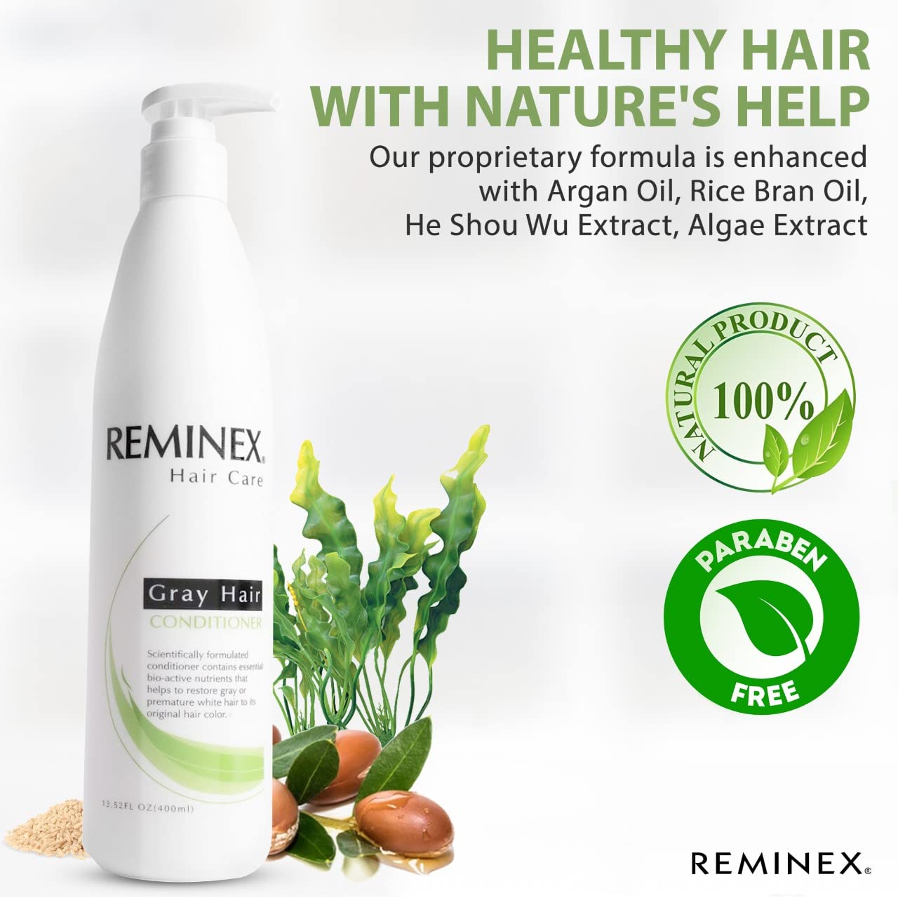 Anti-gray Hair Conditioner By Reminex to Restore Gray Hair and White Hair to Their Original Hair Color. 8 Oz. Per Bottle. Perfect to Use with Reminex Anti-gray Hair Shampoo. Paraben Free.