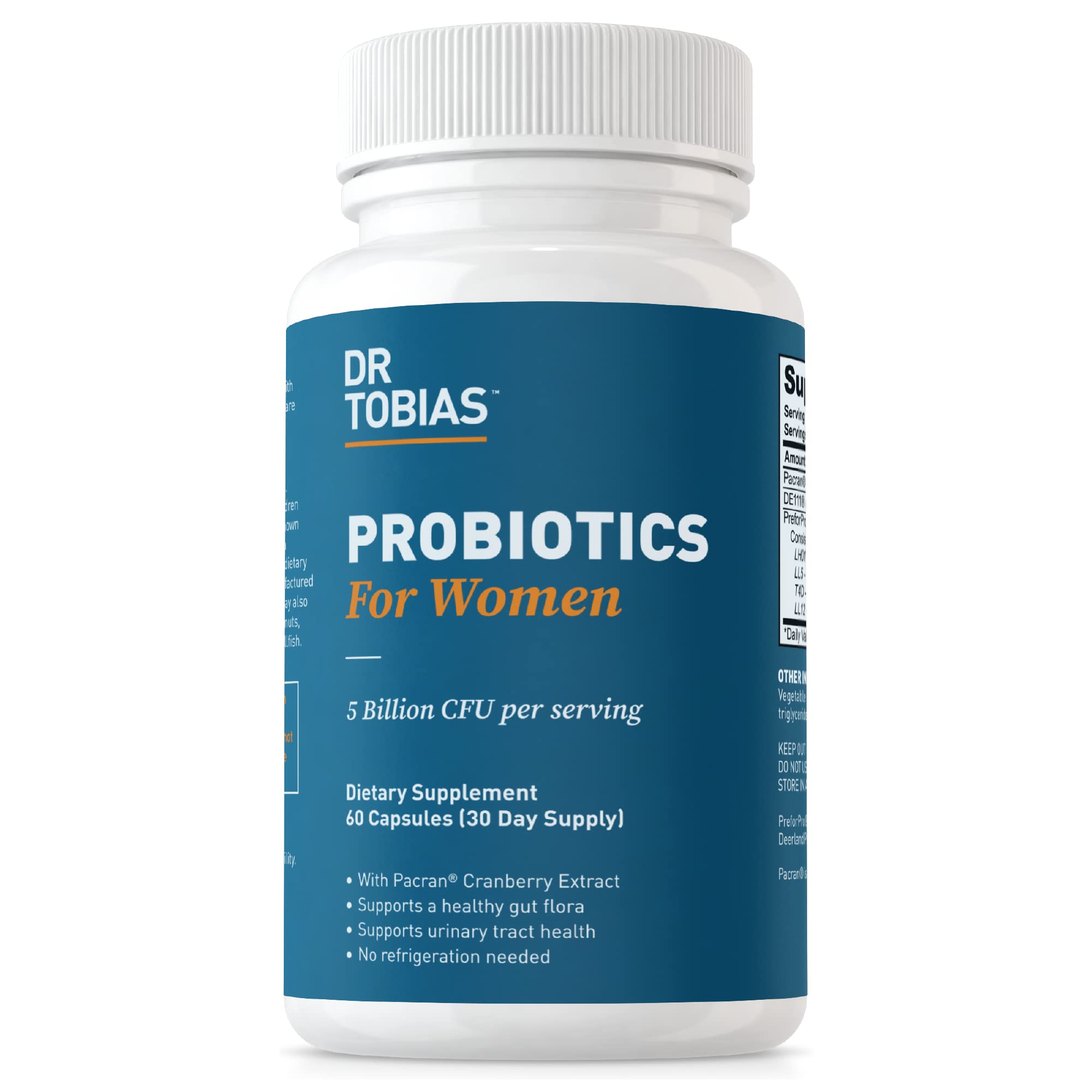 Dr. Tobias Probiotics for Women, 5 Billion CFUs Plus Prebiotics & Cranberry Extract for Urinary Tract Health for Women, Supports Digestive & Immune Health, 60 Capsules, 30 Servings