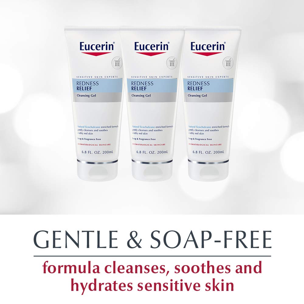 Eucerin Redness Relief Cleansing Gel - Fragrance Free, Gently Cleanses Sensitive Skin - 6.8 fl. oz. Tube (Pack of 3)