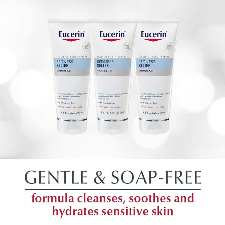Eucerin Redness Relief Cleansing Gel - Fragrance Free, Gently Cleanses Sensitive Skin - 6.8 fl. oz. Tube (Pack of 3)