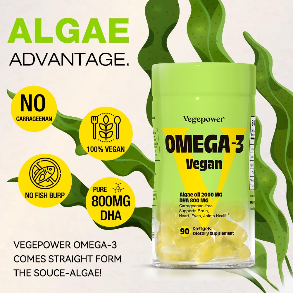 Vegan Omega-3 Algae DHA Supplements - 2000mg Algae Oil, Plant-Based Prenatal Algal DHA, 90 Carrageenan Free Softgels -Sustainable Fish Oil Alternative Supports Brain, Heart, Eyes, Joint Health