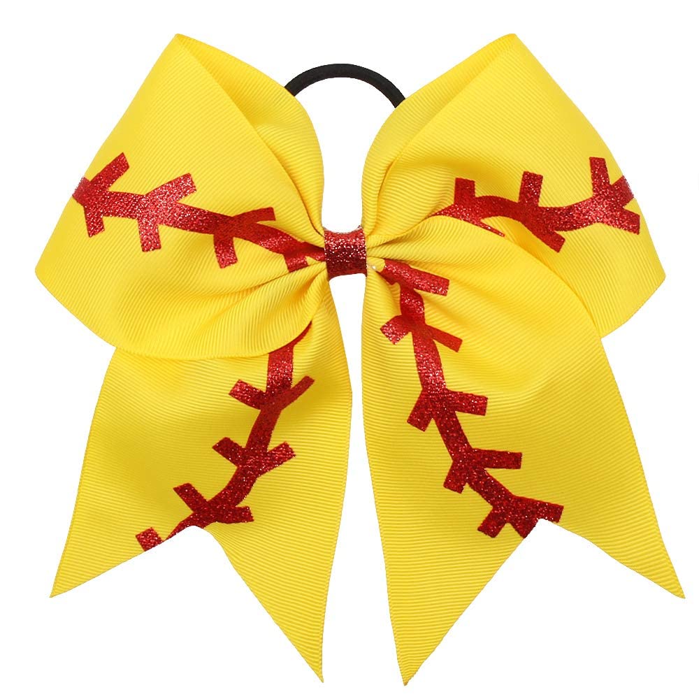 16PCS 8 Large Cheer Hair Bows Ponytail Holder Elastic Band Handmade for Cheerleading Teen Girls College Sports (16 Pcs) (Baseball Yellow)