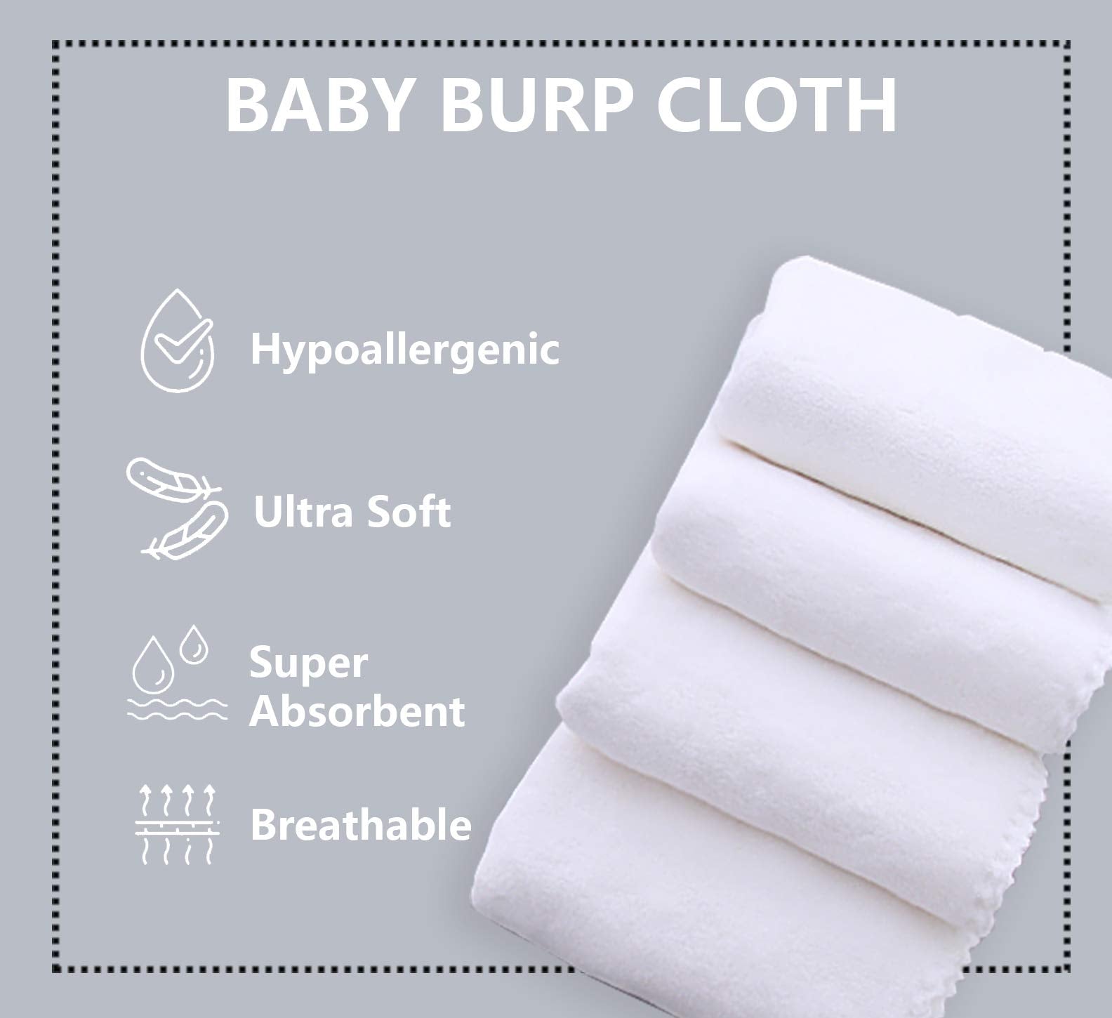 8 Pack Large Burp Cloths for Baby - 20 by 10 Ultra Absorbent Burping Cloth, Baby Washcloths, Newborn Towel - Milk Spit Up Rags - Burpy for Unisex, Boy, Girl - Burp Cloths Set(White)