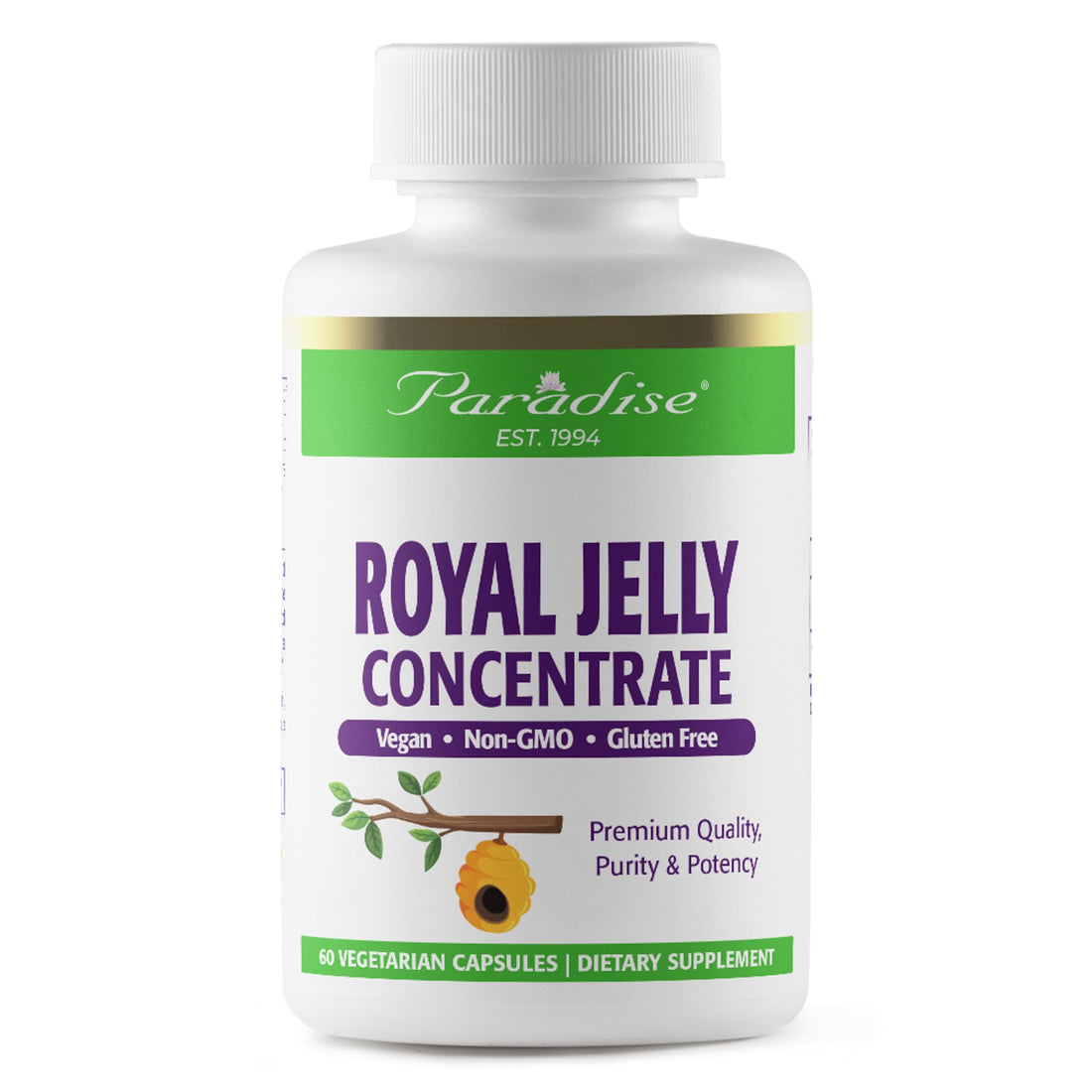 Paradise Herbs Royal Jelly, Golden Emperor, Super Potent, Ultra Pure, Vegan, Gluten Free, Non GMO, Freeze-Dried Concentrate, 60 Count Vegetarian Capsules
