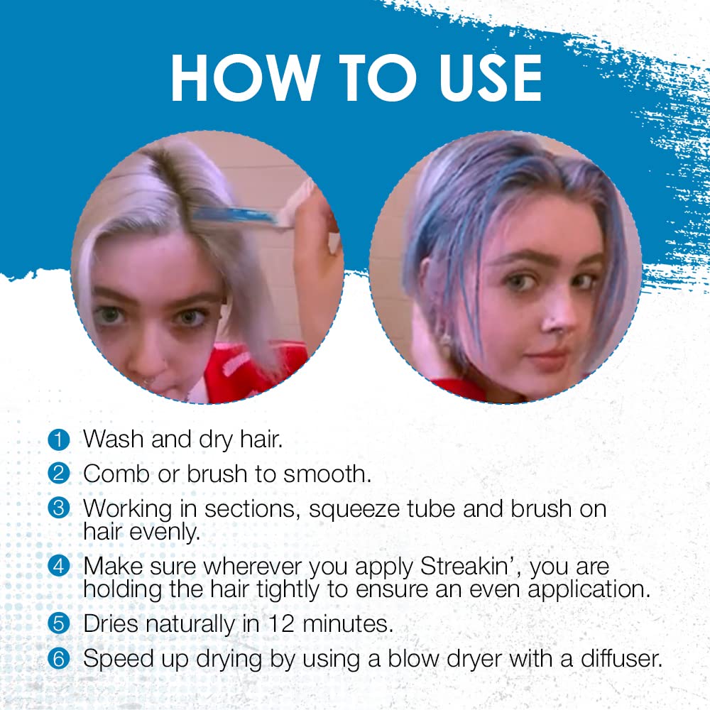 Punky Colour Streakin' Brush on Color Blue, Temporary Hair Color Creme, Instant, DIY Hairstyle, Vibrant, Soft Hold, Men Women Kids, Easy-Squeeze Tube, 1.2 fl oz