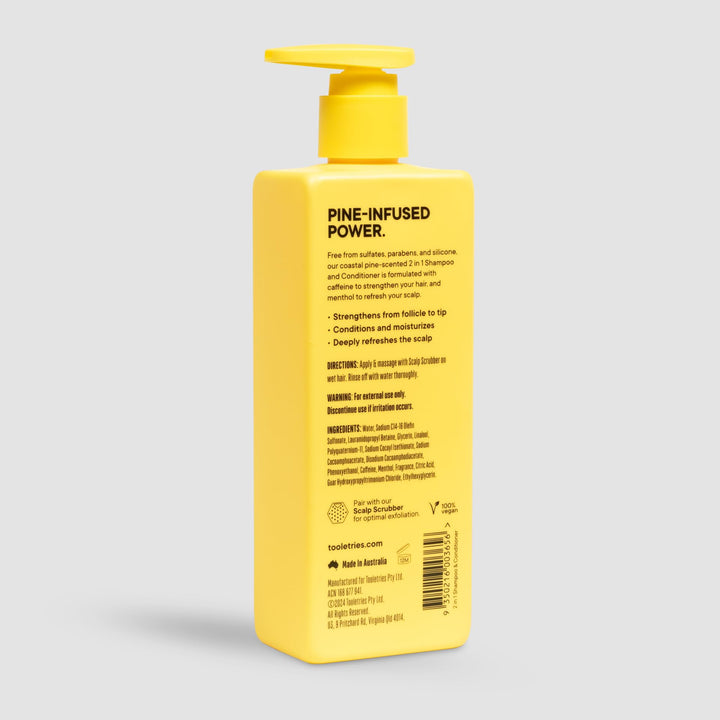 Tooletries 2-in-1 Coastal Pine Men's Shampoo and Conditioner - Pine Scented Hair Wash with Menthol and Caffeine to Promote Hair Growth, Sulfate and Paraben Free - 10.1 oz / 300ml