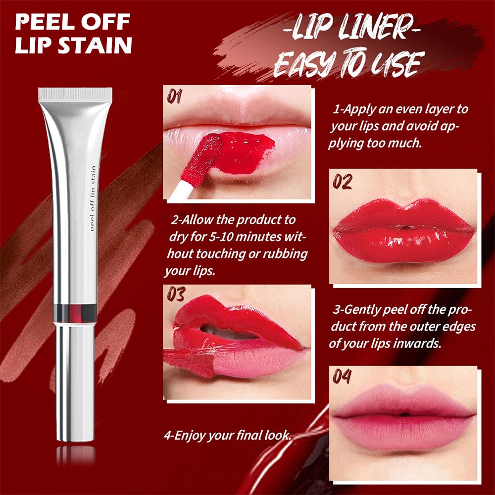 evpct Lip Tains Peel off, Peel off Lip Liner Tattoo Lip Stain Tint Gloss Marker Makeup, Long Lasting Waterproof 24 Hours Matte Finish Transfer-proof Pigmented Color Stay Lipsticks, 120 Light Red