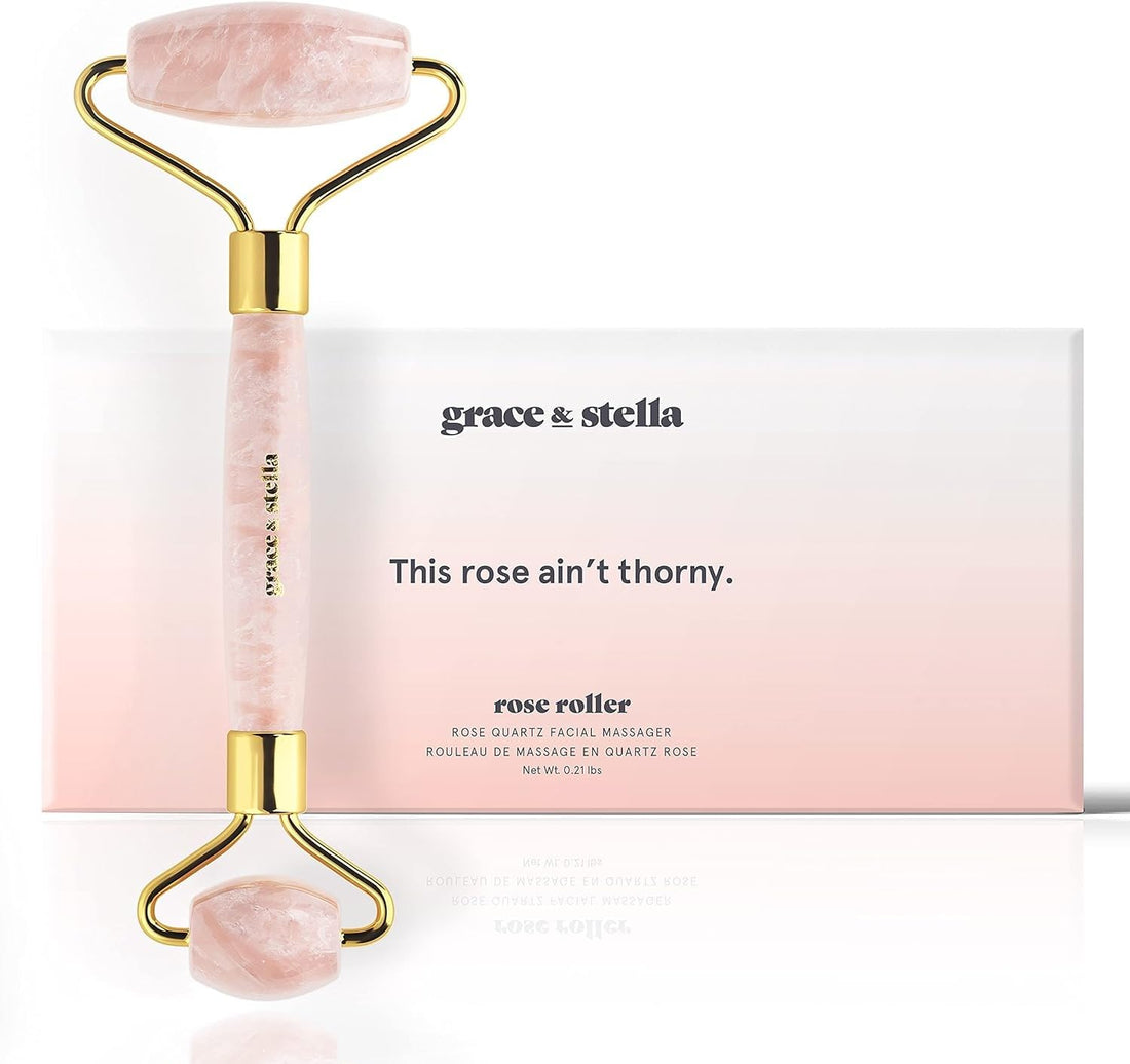 Grace & Stella Rose Quartz Jade Face Roller - Stone Face Massager and Lymphatic Drainage Tool | Eliminate Toxins & Reduce Puffiness