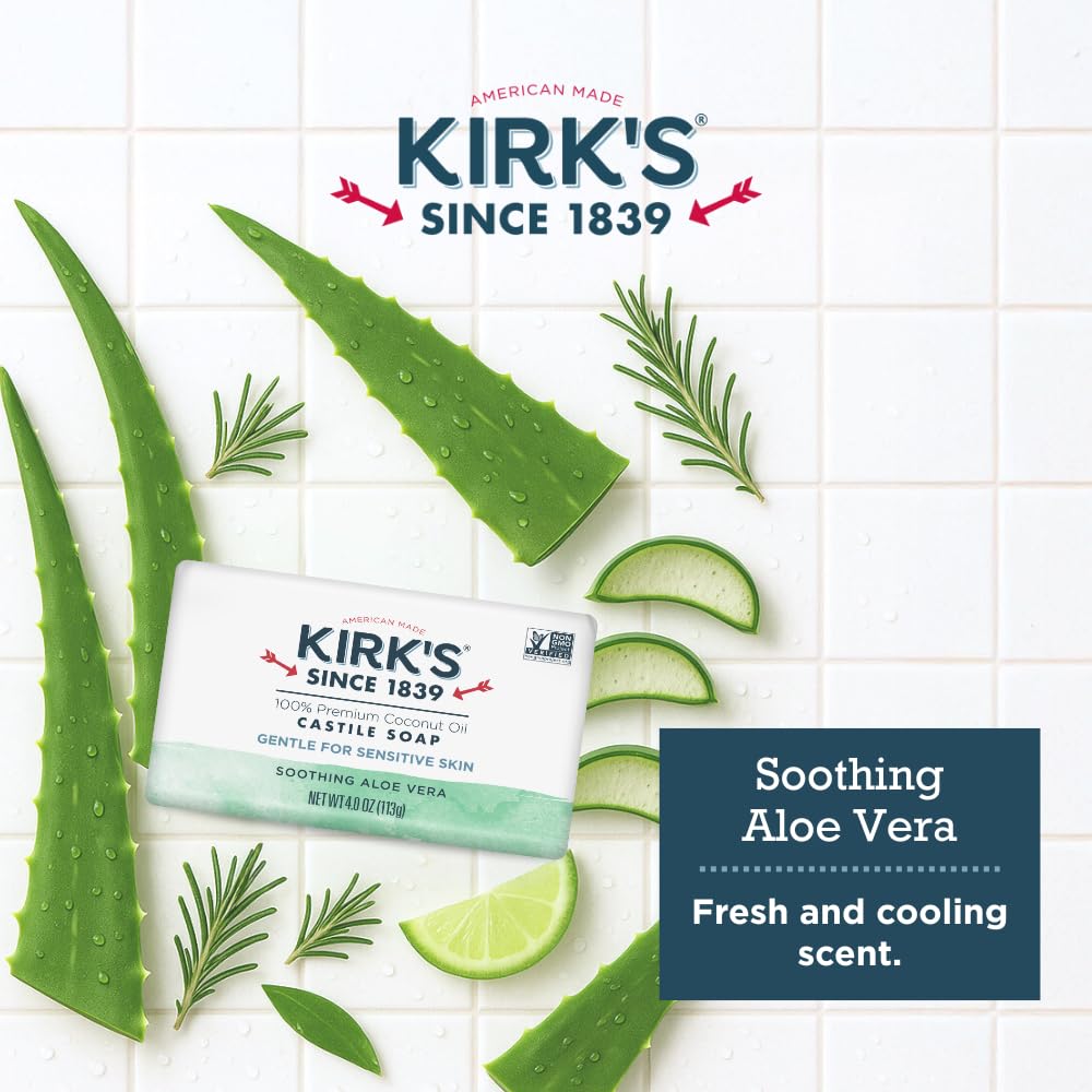 Kirk's Castile Bar Soap for Men, Women & Children - Made with Premium Coconut Oil, Sensitive Skin Formula, Vegan, Non GMO, Aloe Vera, 4 oz. Bars 6 Pack